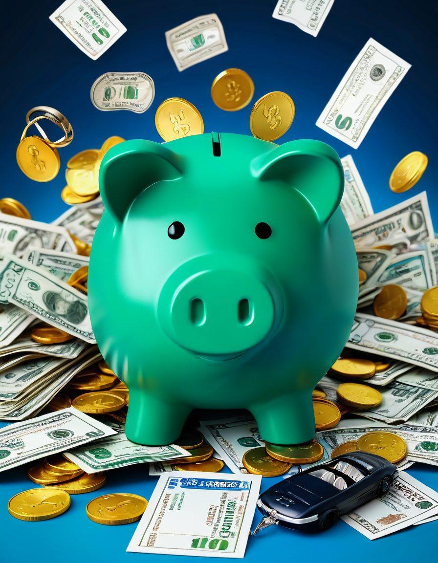 A visually striking illustration that features a piggy bank overflowing with coins and car keys, set against a backdrop of various car insurance documents and discount tags. Incorporate insider tips like check marks next to these tags, and golden dollar signs in the air. Use a dynamic color palette with vibrant greens and blues to symbolize savings and trust. Bright, engaging typography stating 'Maximize Your Savings' should be included. super-realistic. vibrant colors. 3D.
