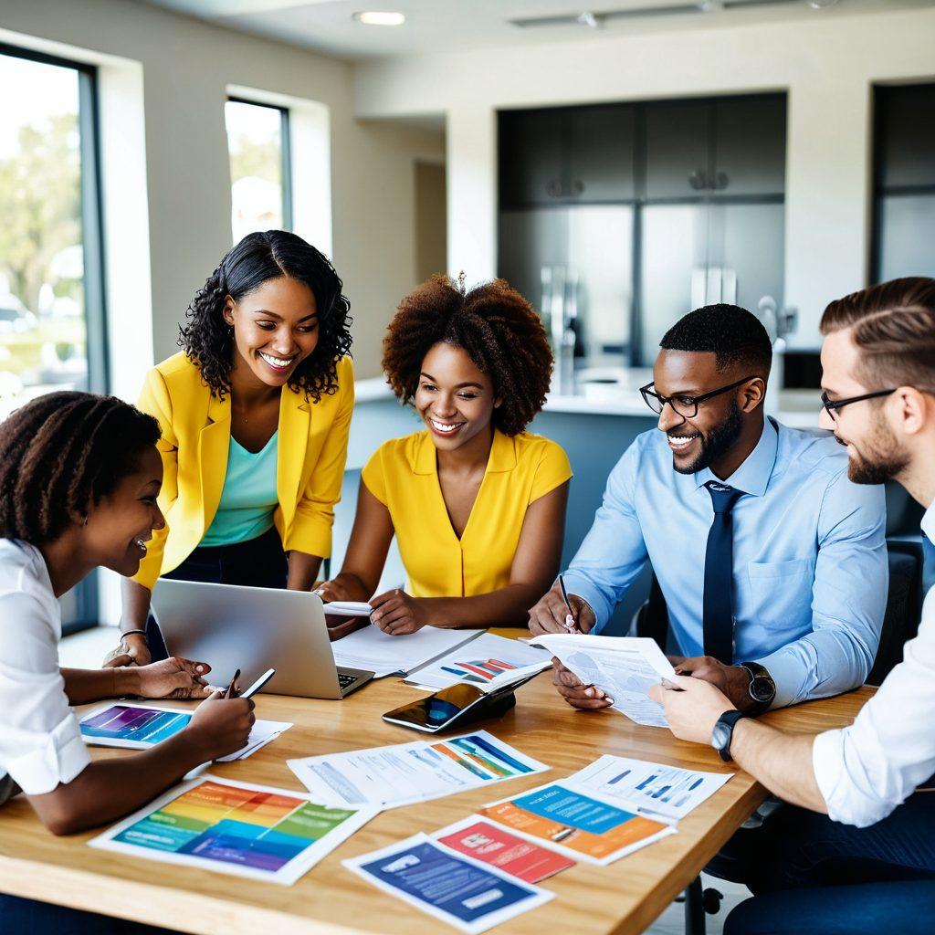 A diverse group of happy individuals discussing and comparing car insurance options around a modern table filled with brochures, laptops, and calculators. In the background, a friendly agent helps a couple with a digital tablet displaying quotes and coverage details. The atmosphere conveys positivity and empowerment through teamwork in financial decision-making. bright colors. vector art.